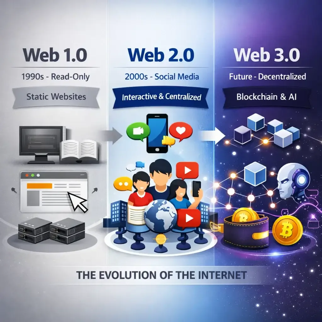 Infographic showing the evolution of the internet from Web 1.0 static pages to Web 2.0 social media and Web 3.0 decentralized blockchain-based internet