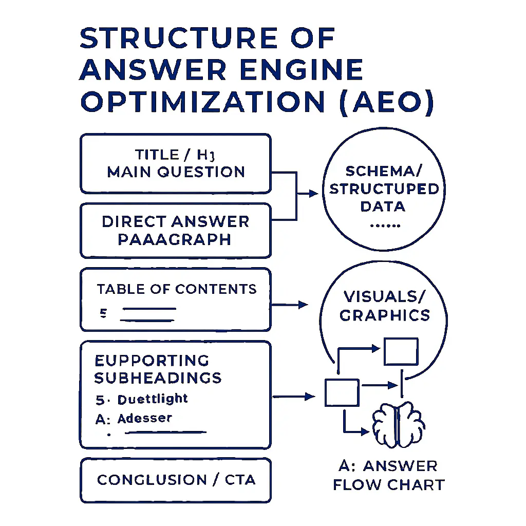 AEO structure diagram showing the core framework and components of Answer Engine Optimization, including schema markup, structured data, and AI-driven content hierarchy by DigitallySolve.