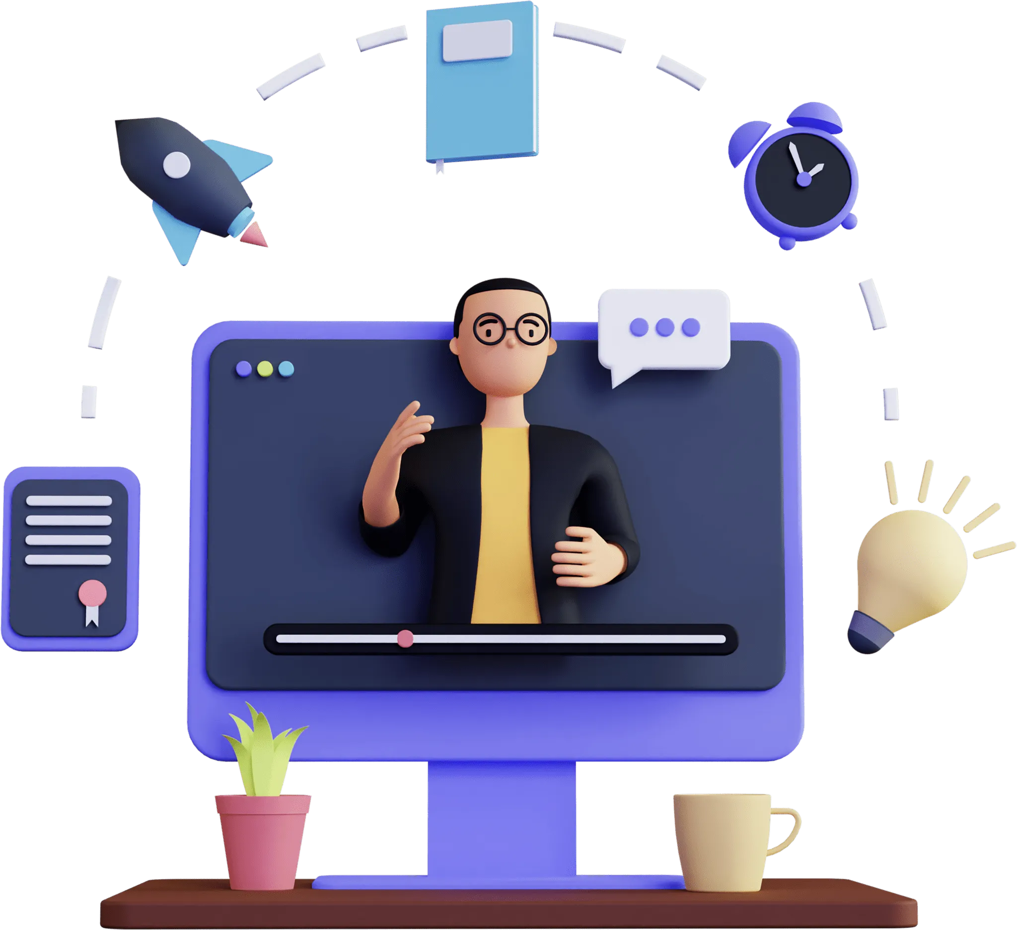 Man presenting AI-based digital marketing services on computer screen with creative icons of rocket, clock, light bulb, and analytics — showing AI-driven SEO services and digital marketing with artificial intelligence by DigitallySolve