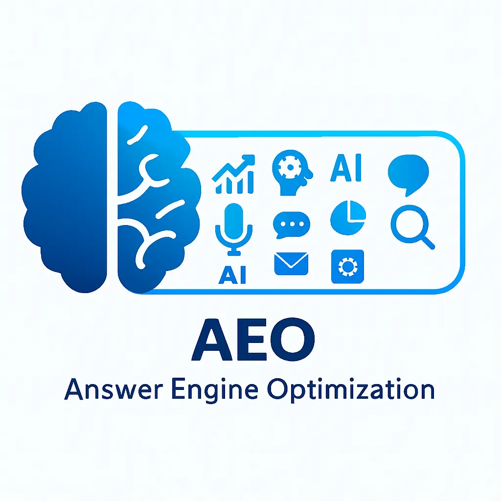 Illustration of a human brain merging with digital icons and a search bar, symbolizing how AEO connects human intent with AI-powered search answers.