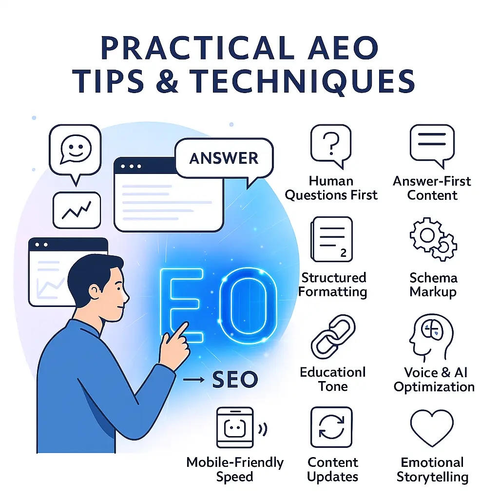 A visual guide showing the top 10 AEO tips and techniques for Answer Engine Optimization, including structured data, schema markup, conversational content, and AI-driven SEO strategies by DigitallySolve.What is Aeo in Digital Marketing & Seo .